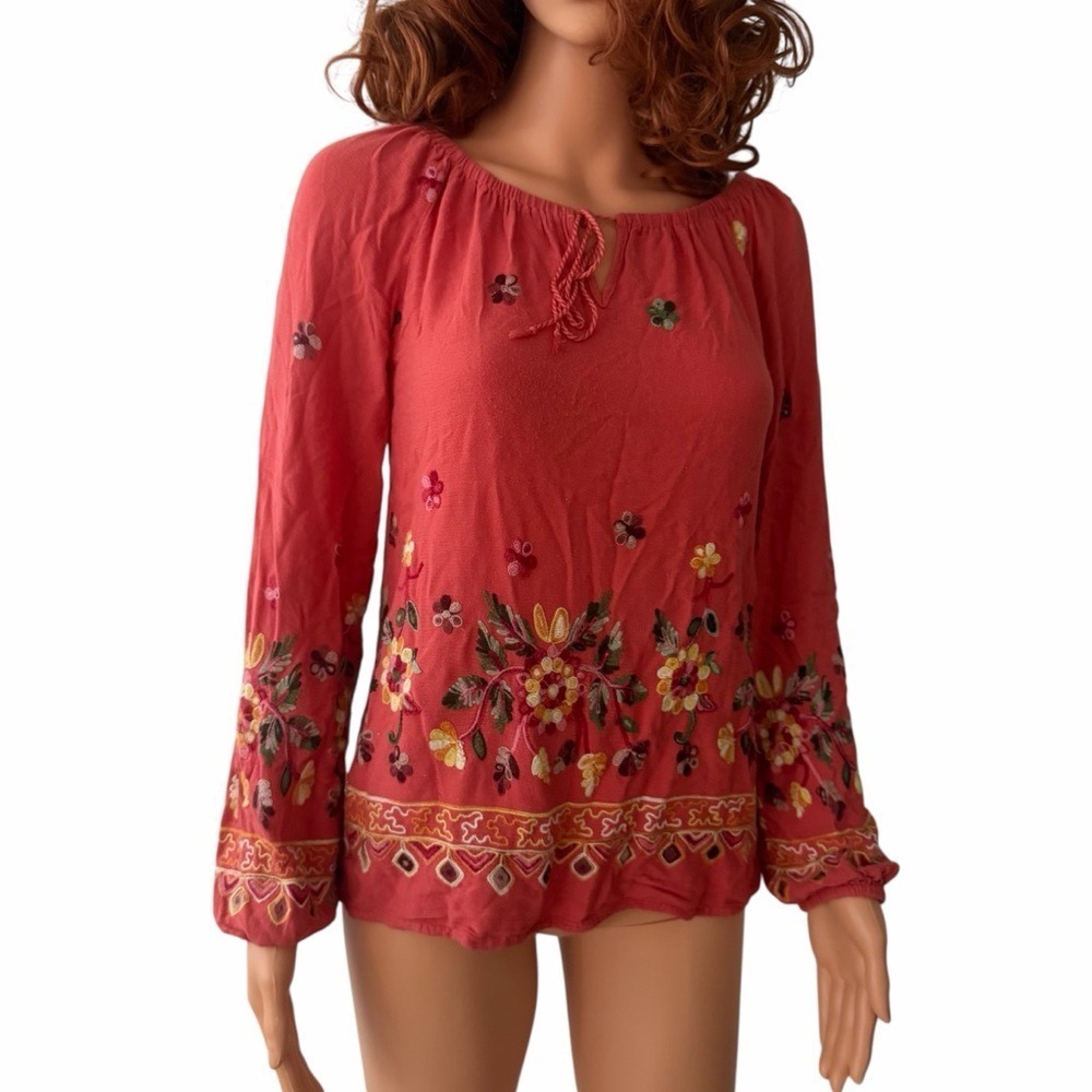 Retro Boho Liv Los Angeles Rayon Embroidered Blouse Off Shoulder Coral Top Flowy